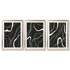 Set of 3 Abstract Black and White Framed Art Prints with Gold Wood Frames