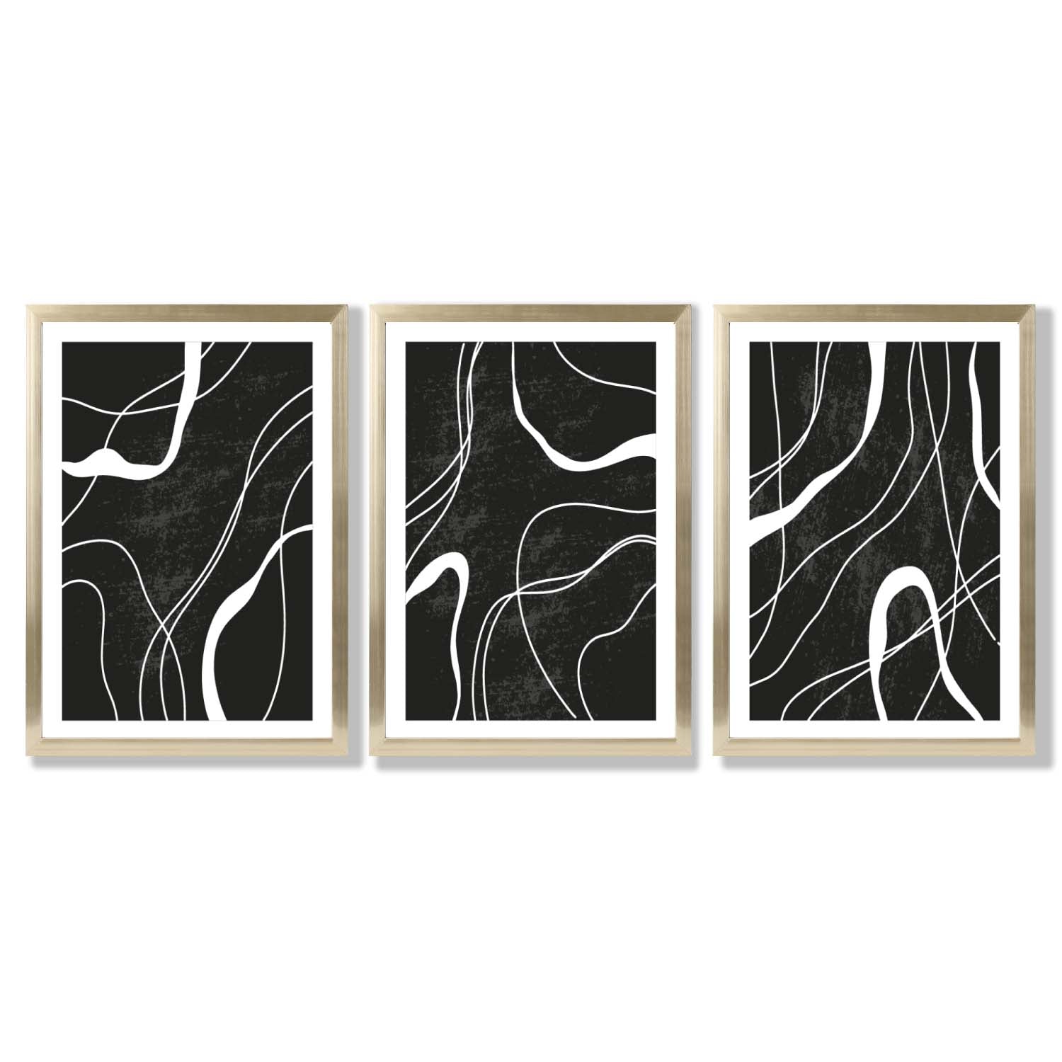 Set of 3 Abstract Black and White Framed Art Prints with Gold Wood Frames