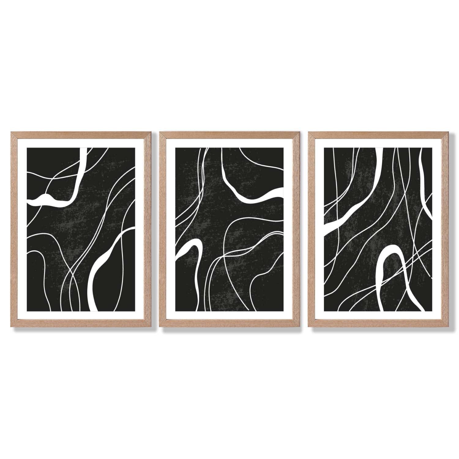 Set of 3 Abstract Black and White Framed Art Prints with Light Oak Frames