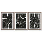 Set of 3 Abstract Black and White Framed Art Prints with Light Walnut Frames