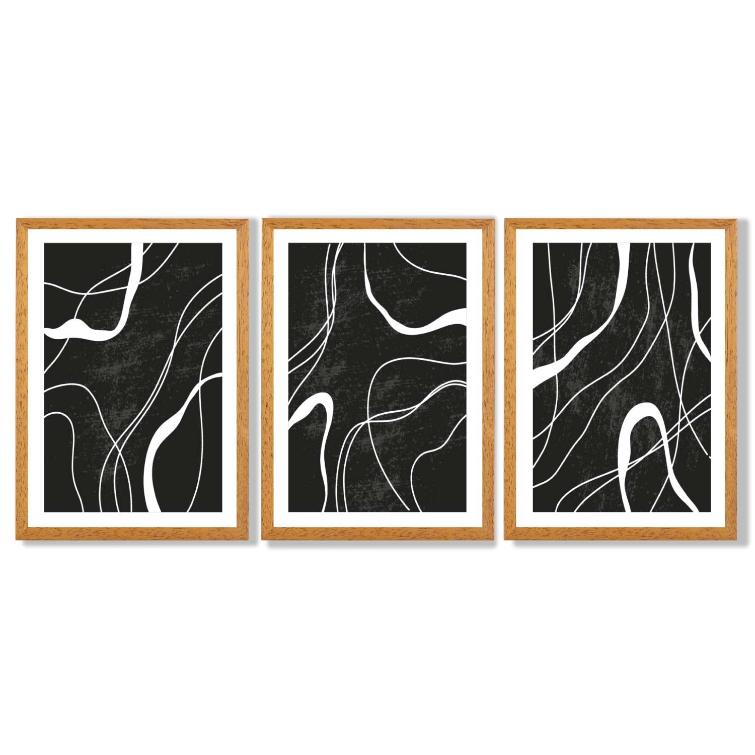 Set of 3 Abstract Black and White Framed Art Prints with Oak Wooden Frames