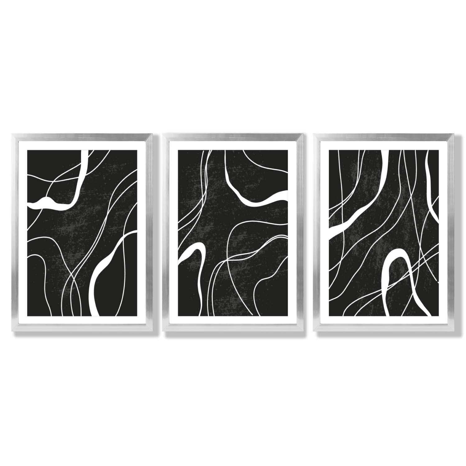 Set of 3 Abstract Black and White Framed Art Prints with Silver Wood Frames