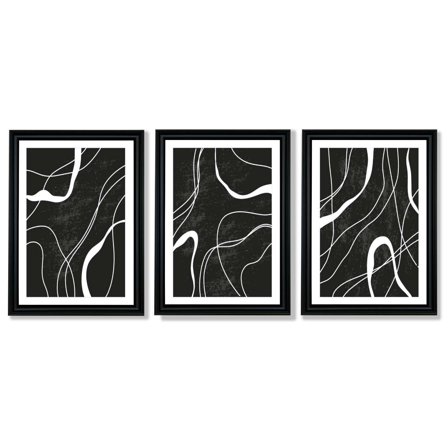 Set of 3 Abstract Black and White Framed Art Prints with Vermeer Black Frames