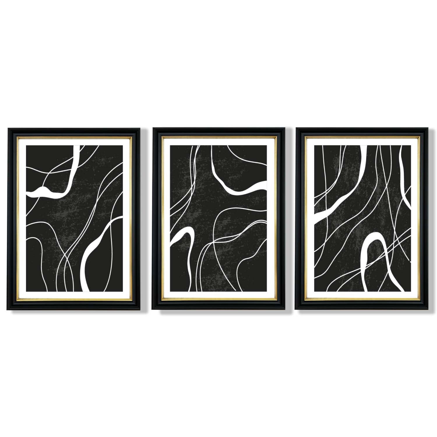 Set of 3 Abstract Black and White Framed Art Prints with Vermeer Black and Gold Frames