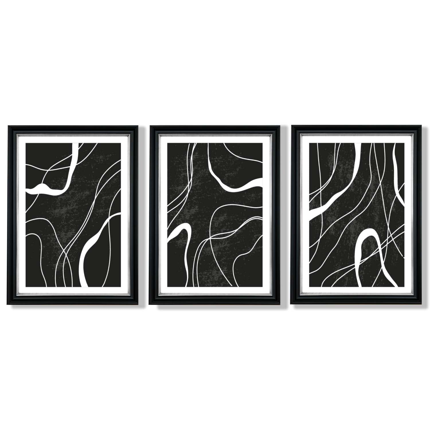 Set of 3 Abstract Black and White Framed Art Prints with Vermeer Black and Silver Frames