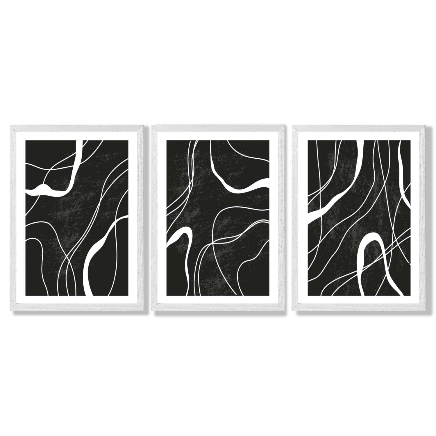 Set of 3 Abstract Black and White Framed Art Prints with White Wooden Frames