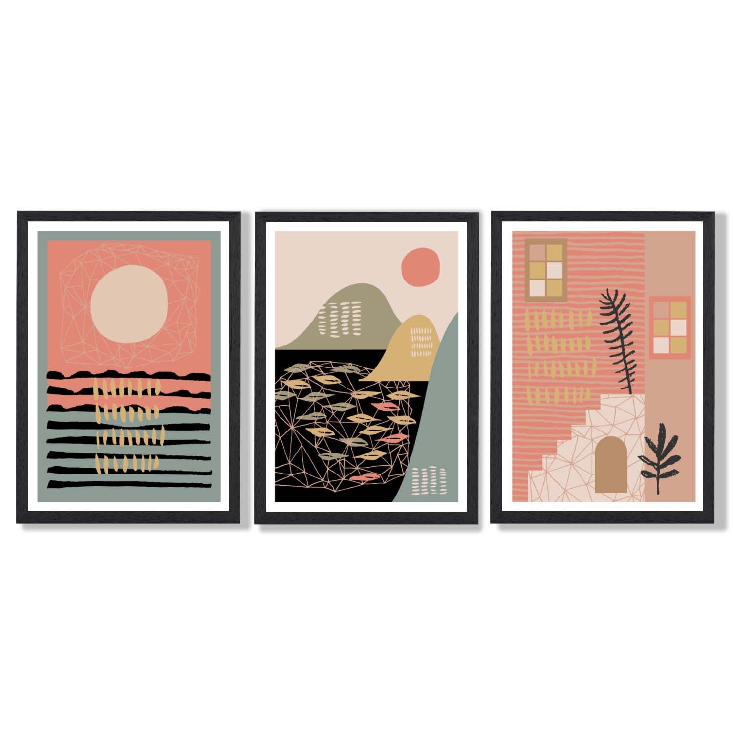 Set of 3 Boho Pink and Green Amalfi Framed Art Prints with Black Wooden Frames