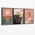 Set of 3 Boho Pink and Green Amalfi Canvas Art Prints with Black Float Frame