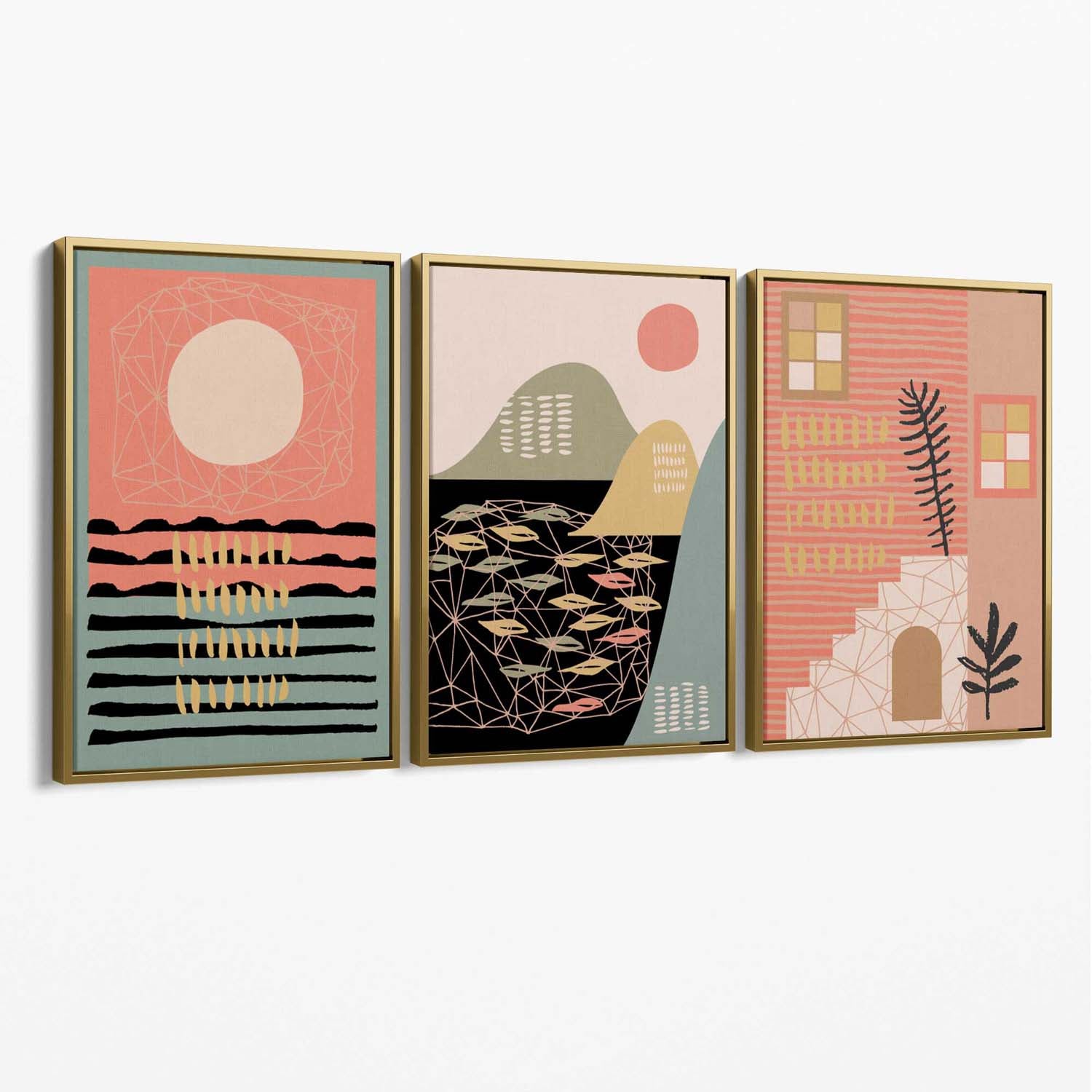 Set of 3 Boho Pink and Green Amalfi Canvas Art Prints with Gold Float Frame