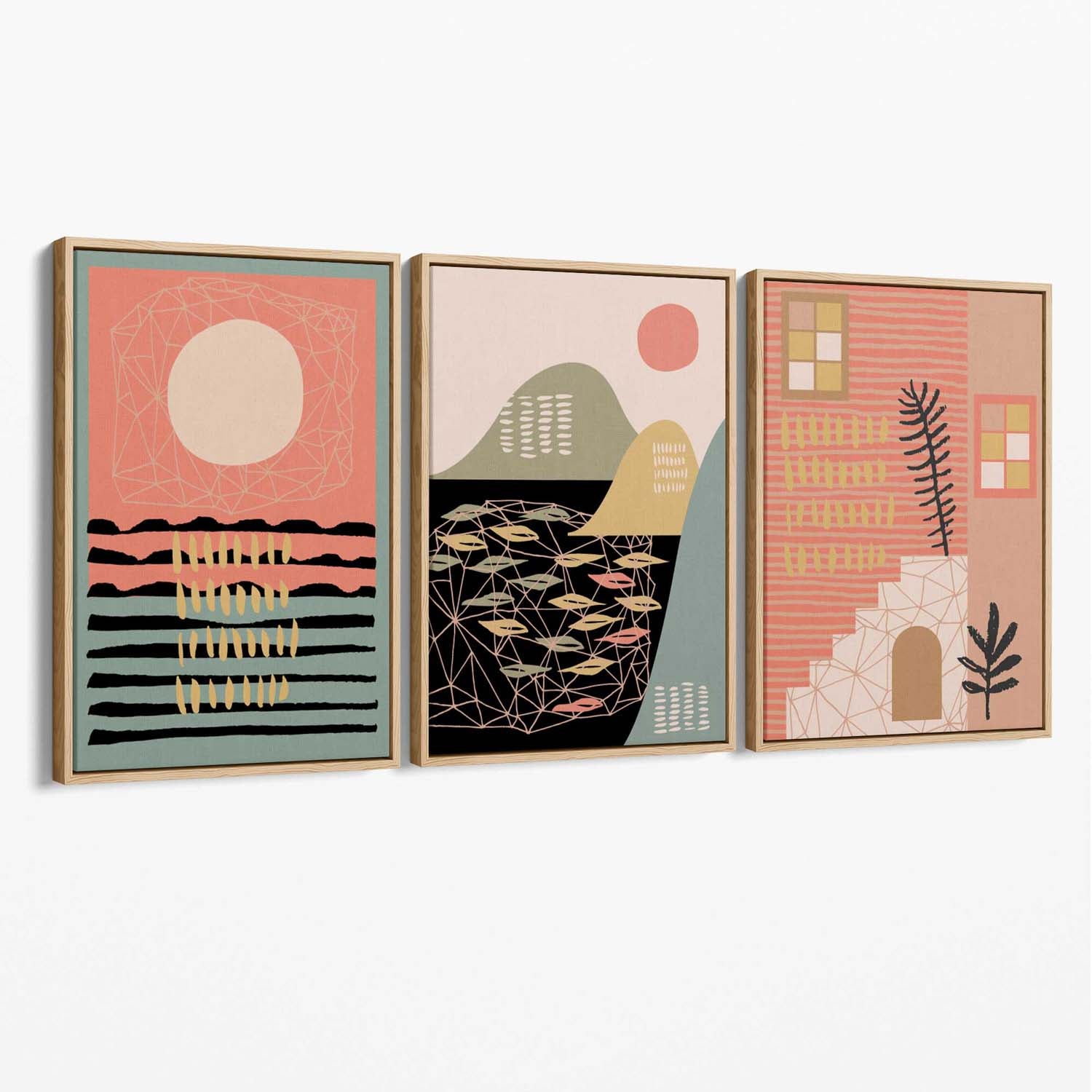 Set of 3 Boho Pink and Green Amalfi Canvas Art Prints with Oak Float Frame