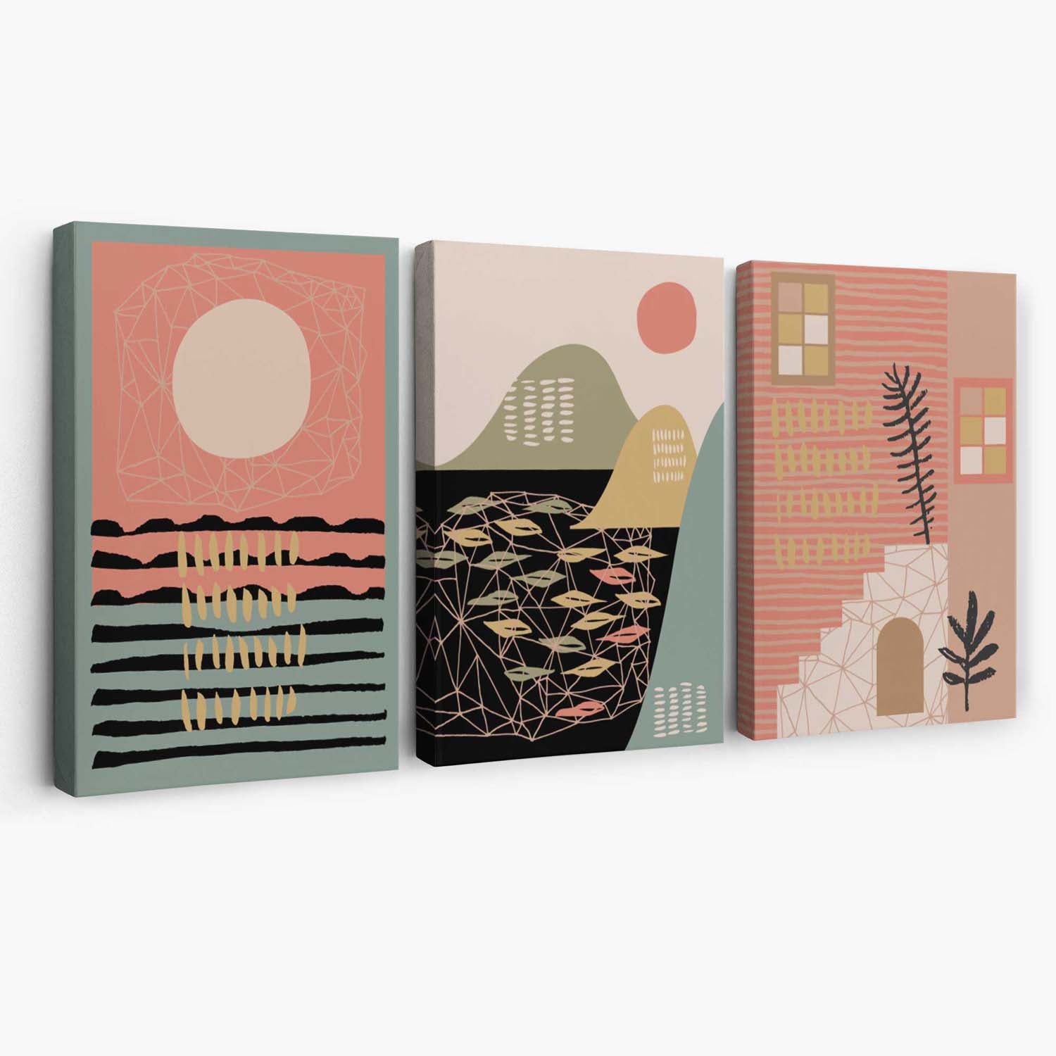 Set of 3 Boho Pink and Green Amalfi Canvas Art Prints | Artze Wall Art