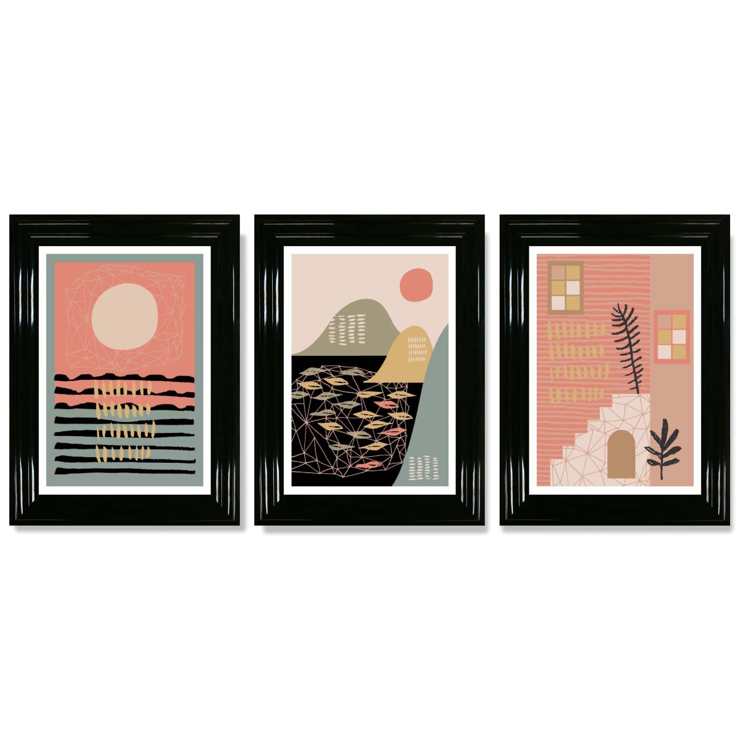 Set of 3 Boho Pink and Green Amalfi Framed Art Prints with Glossy Black Frames