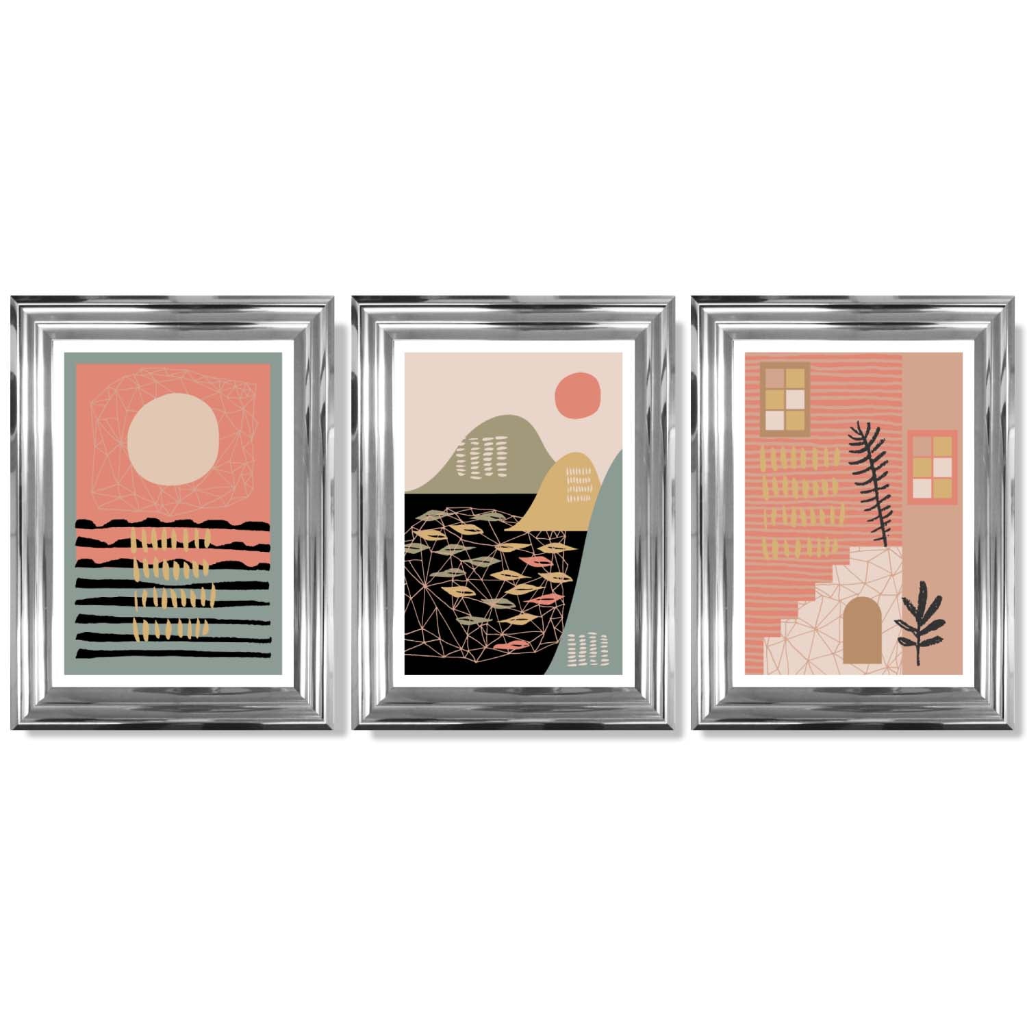 Set of 3 Boho Pink and Green Amalfi Framed Art Prints with Glossy Chrome Frames