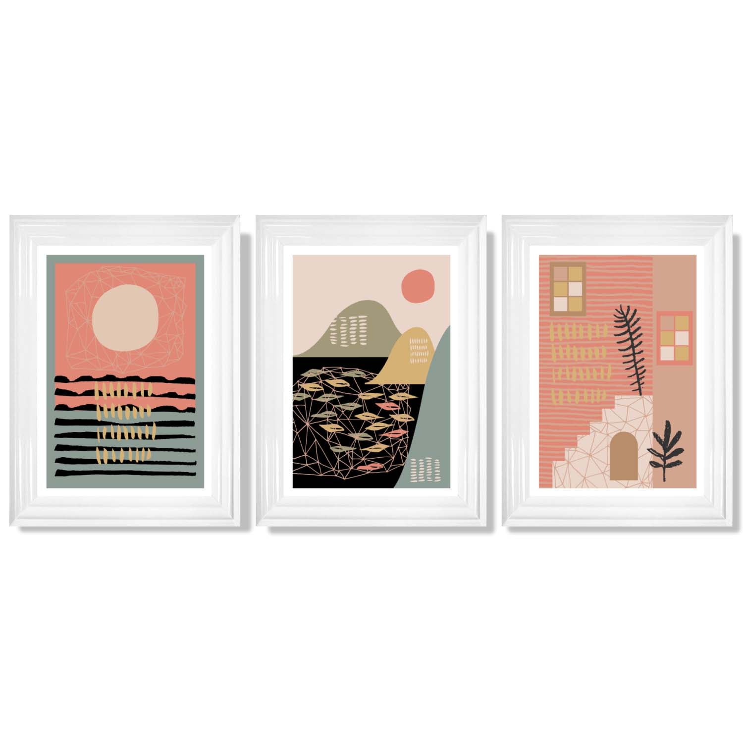 Set of 3 Boho Pink and Green Amalfi Framed Art Prints with Glossy White Frames