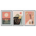 Set of 3 Boho Pink and Green Amalfi Framed Art Prints with Light Grey Wooden Frames