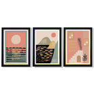 Set of 3 Boho Pink and Green Amalfi Framed Art Prints with Vermeer Black and Gold Frames