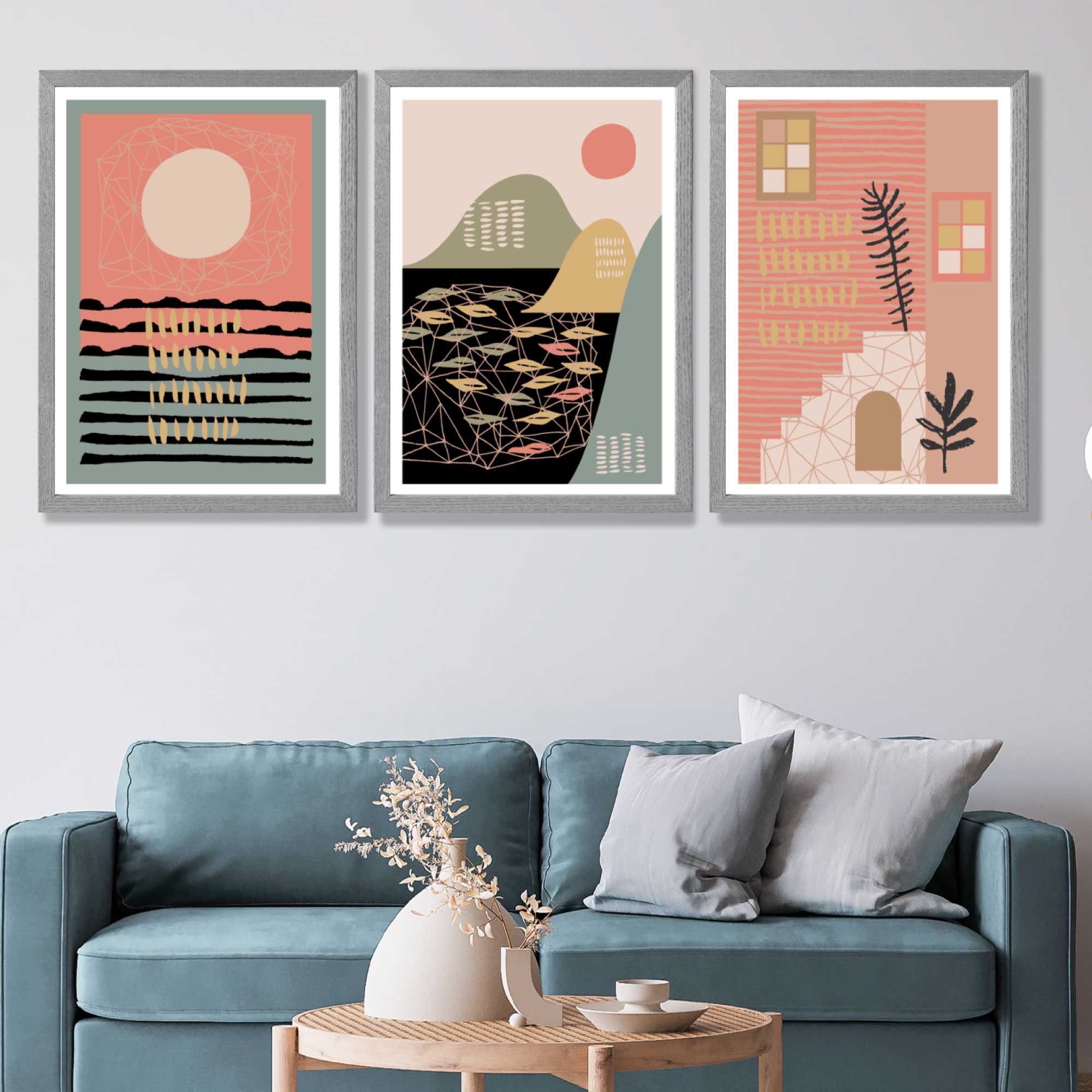 Set of 3 Boho Pink and Green Amalfi Art Prints in Luxury Frames | Artze UK