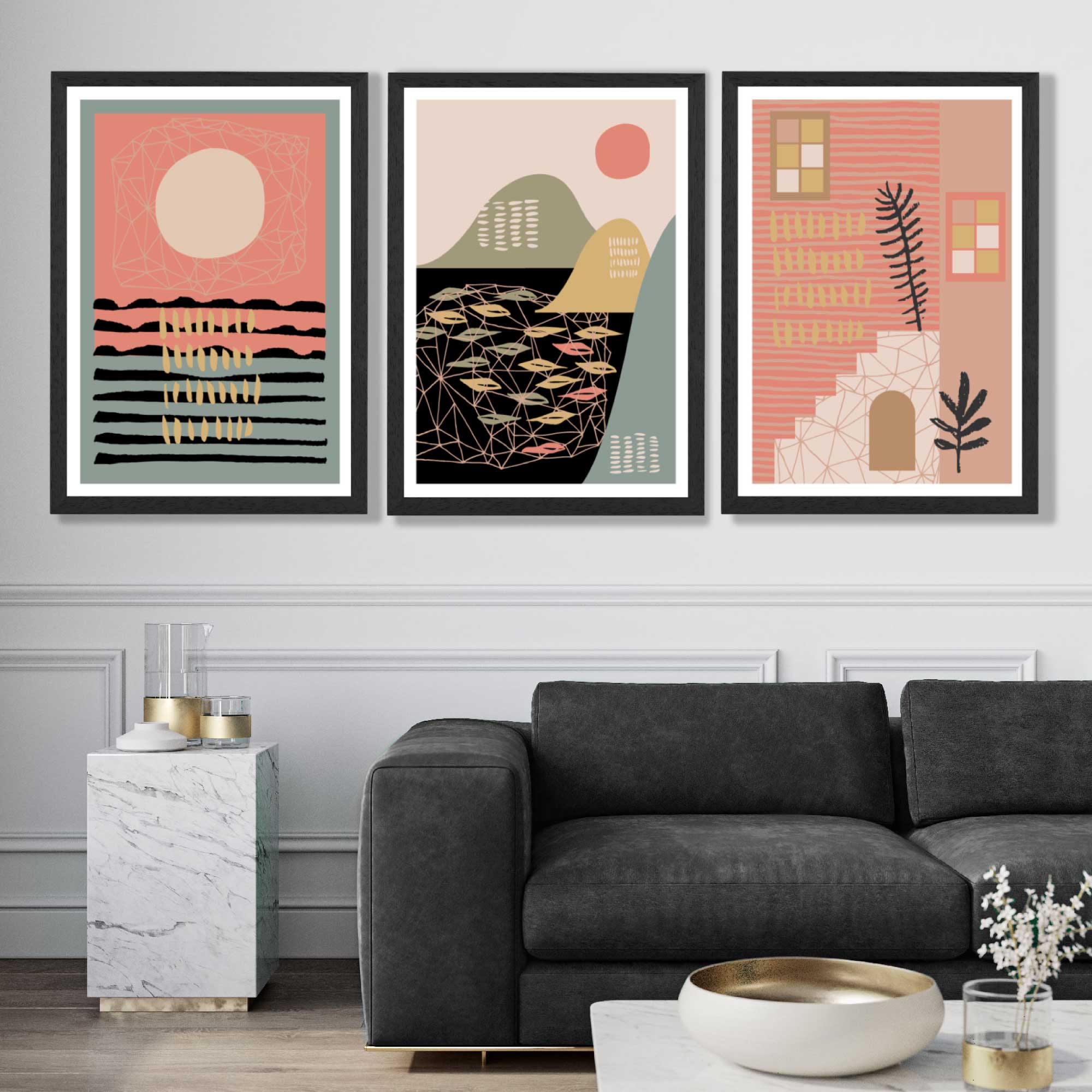 Set of 3 Boho Pink and Green Amalfi Art Prints in Luxury Frames | Artze UK