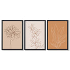 Set of 3 Minimalist Floral Beige Terracotta Framed Art Prints with Black Wooden Frames