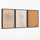 Set of 3 Minimalist Floral Beige Terracotta Canvas Art Prints with Black Float Frame