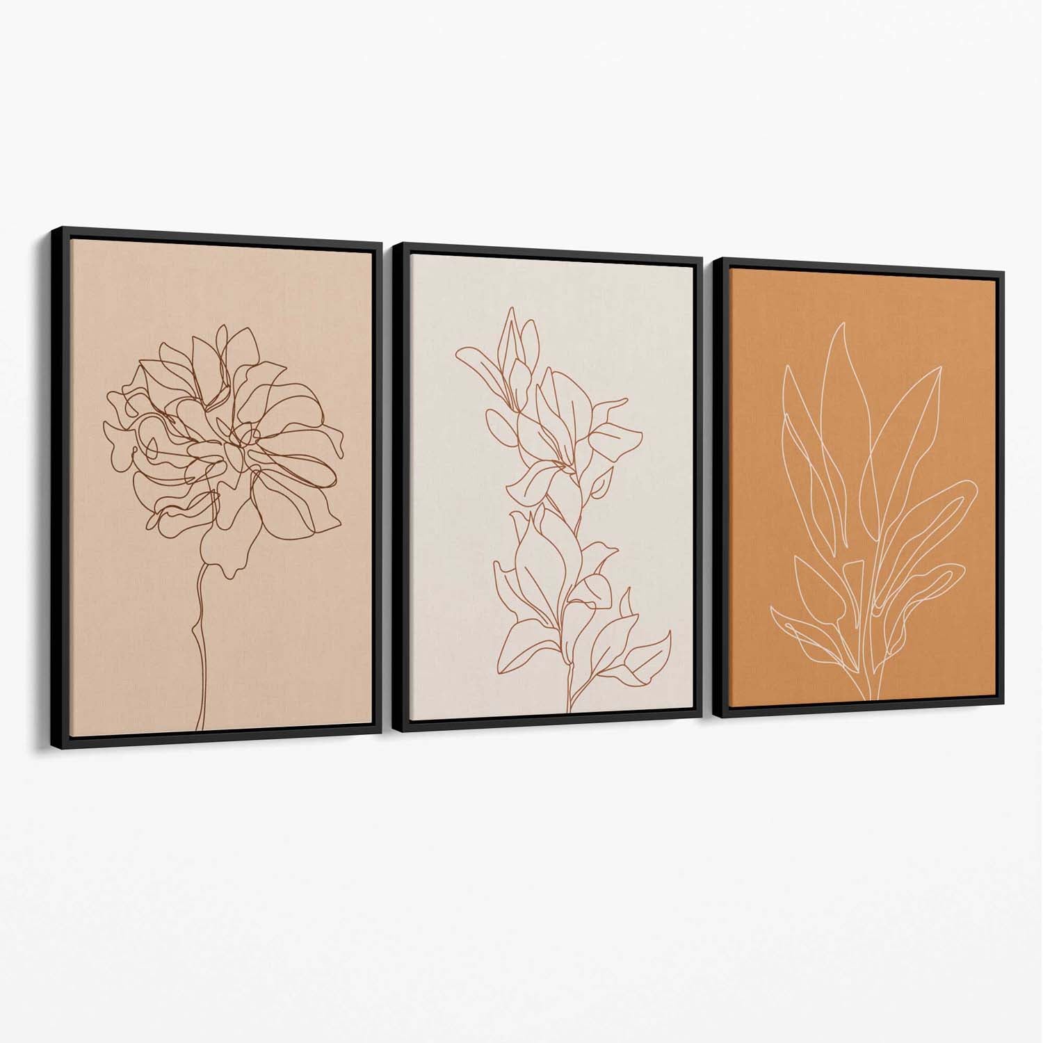 Set of 3 Minimalist Floral Beige Terracotta Canvas Art Prints with Black Float Frame