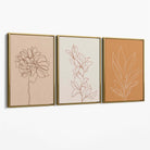 Set of 3 Minimalist Floral Beige Terracotta Canvas Art Prints with Gold Float Frame