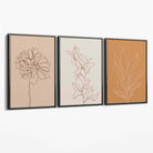 Set of 3 Minimalist Floral Beige Terracotta Canvas Art Prints with Grey Float Frame