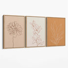 Set of 3 Minimalist Floral Beige Terracotta Canvas Art Prints with Oak Float Frame