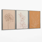 Set of 3 Minimalist Floral Beige Terracotta Canvas Art Prints with Silver Float Frame