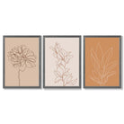 Set of 3 Minimalist Floral Beige Terracotta Framed Art Prints with Dark Grey Wooden Frames