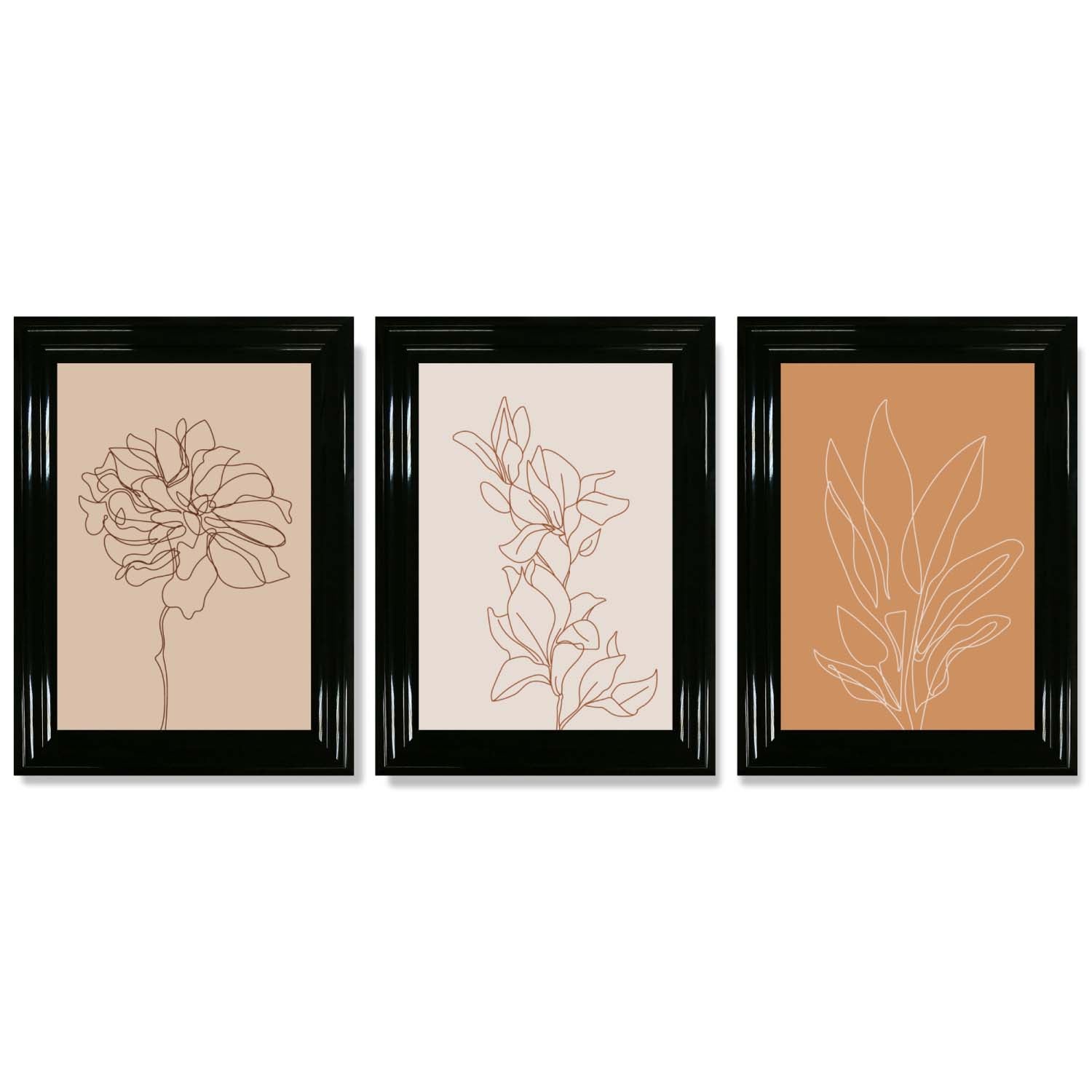 Set of 3 Minimalist Floral Beige Terracotta Framed Art Prints with Glossy Black Frames