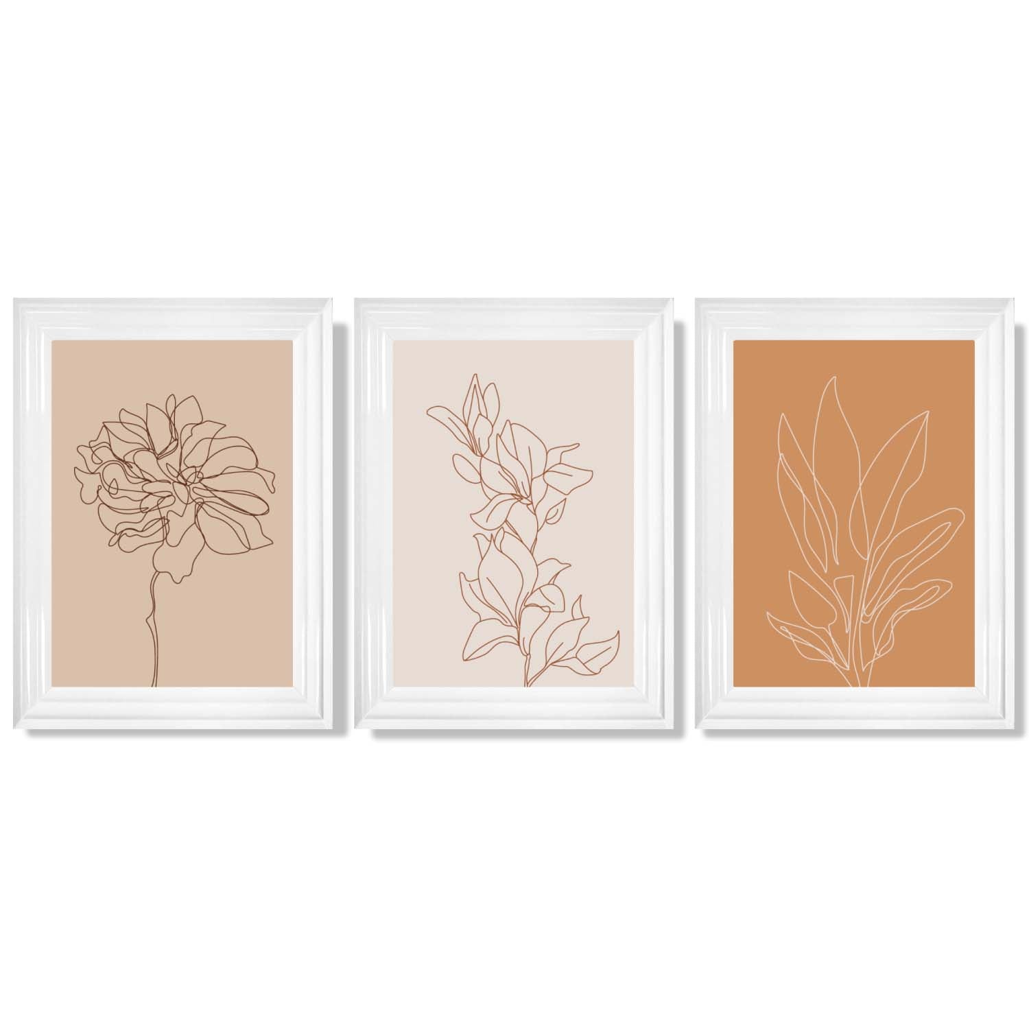 Set of 3 Minimalist Floral Beige Terracotta Framed Art Prints with Glossy White Frames