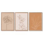 Set of 3 Minimalist Floral Beige Terracotta Framed Art Prints with Light Oak Frames