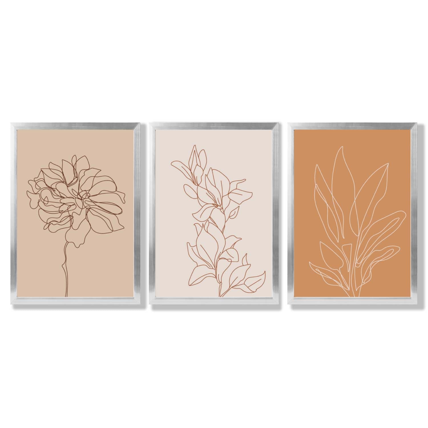 Set of 3 Minimalist Floral Beige Terracotta Framed Art Prints with Silver Wood Frames