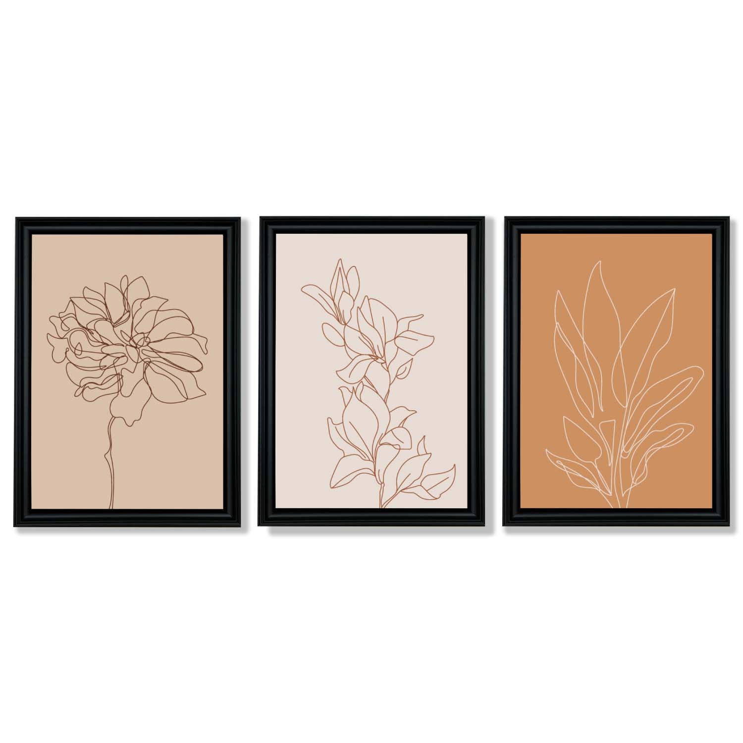 Set of 3 Minimalist Floral Beige Terracotta Framed Art Prints with Vermeer Black Frames