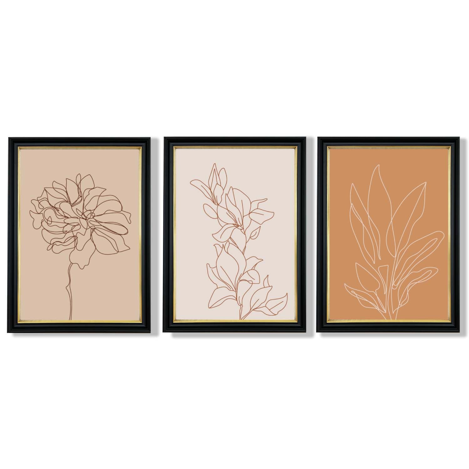 Set of 3 Minimalist Floral Beige Terracotta Framed Art Prints with Vermeer Black and Gold Frames