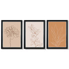 Set of 3 Minimalist Floral Beige Terracotta Framed Art Prints with Vermeer Black and Silver Frames