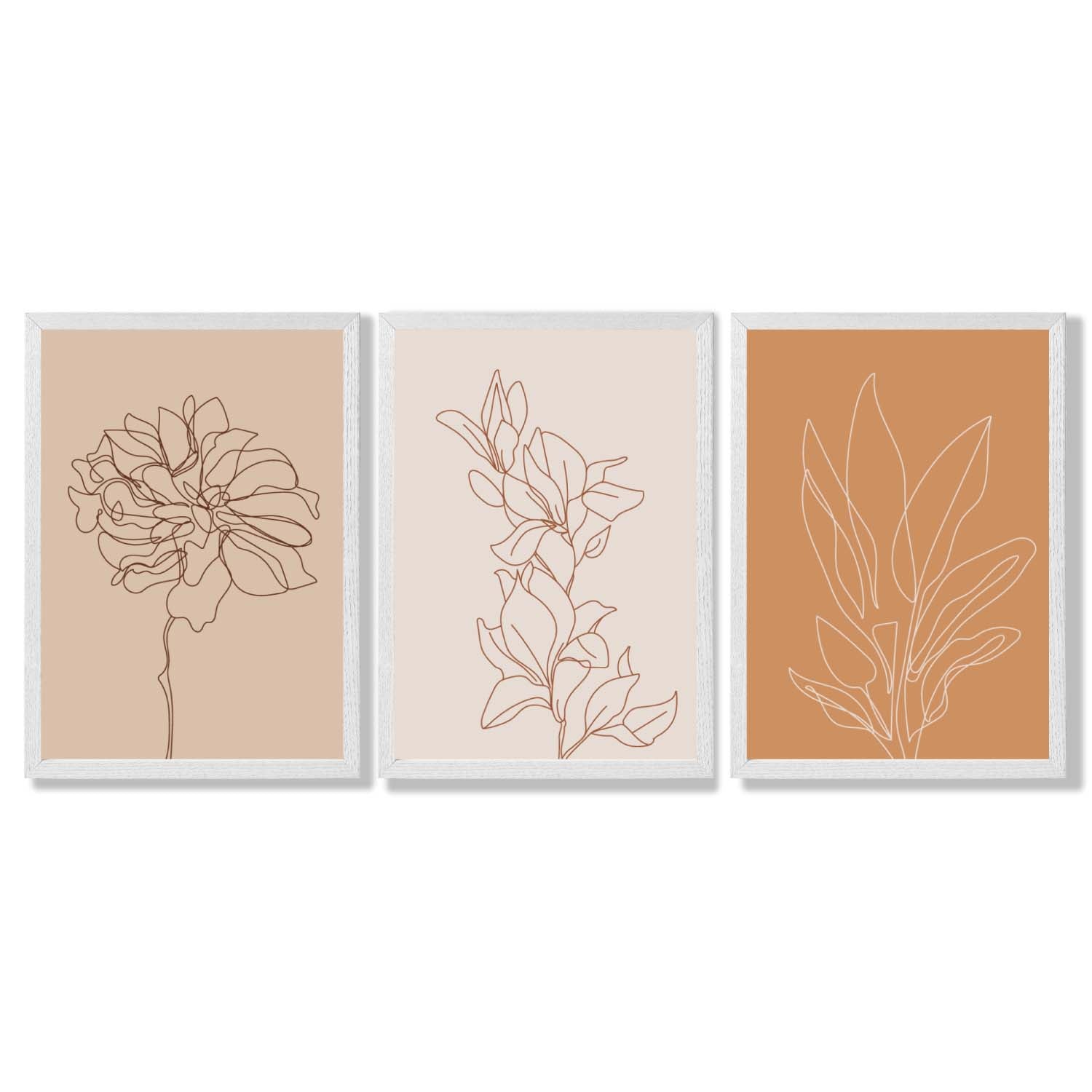 Set of 3 Minimalist Floral Beige Terracotta Framed Art Prints with White Wooden Frames