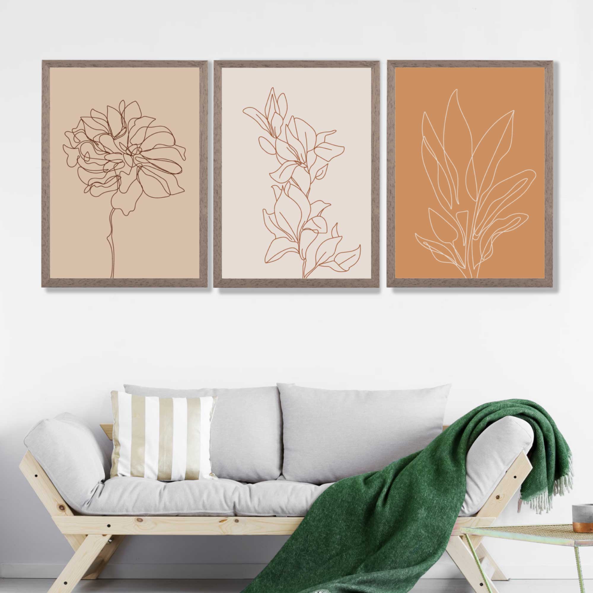 Set of 3 Minimalist Floral Beige Terracotta Art Prints in Luxury Frames | Artze UK