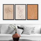 Set of 3 Minimalist Floral Beige Terracotta Art Prints in Black Frames | Artze UK