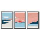 Set of 3 Abstract Pink Blue Coastal Framed Art Prints with Black Wooden Frames