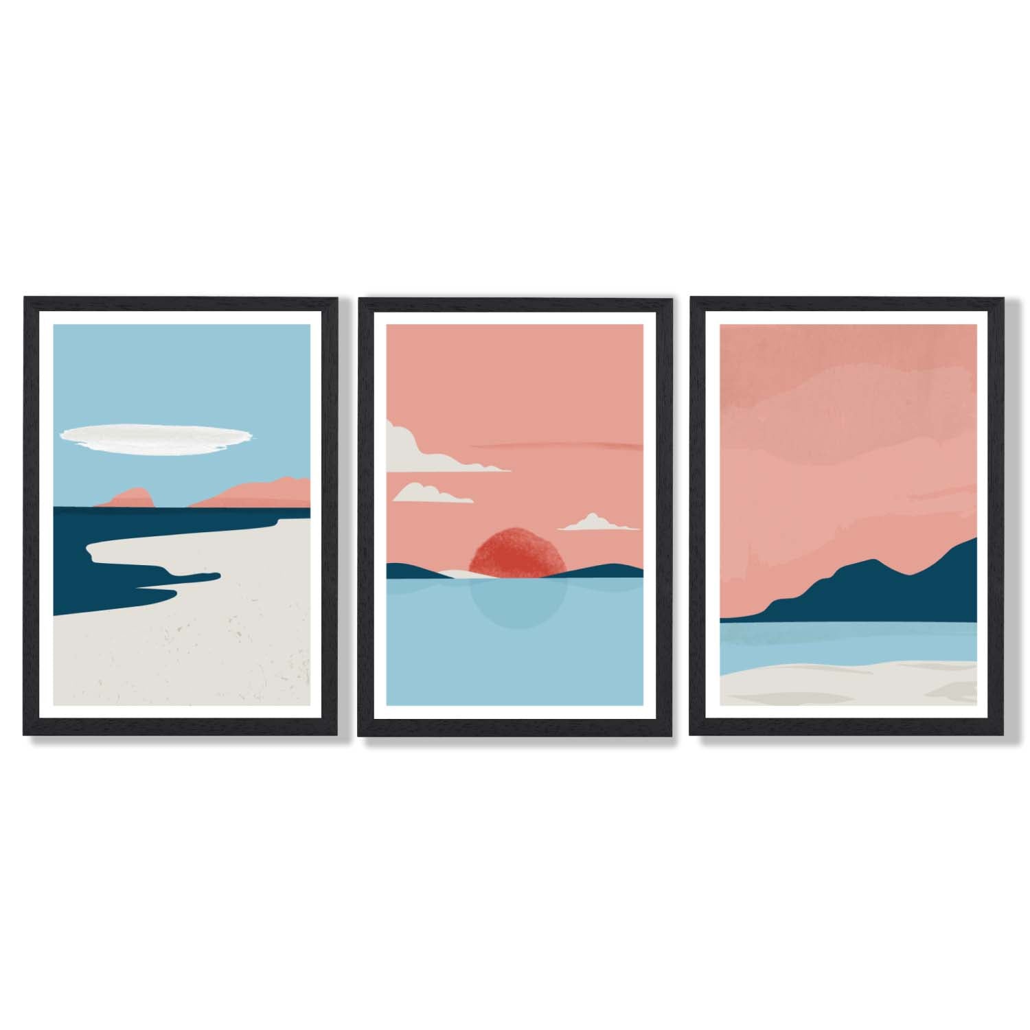 Set of 3 Abstract Pink Blue Coastal Framed Art Prints with Black Wooden Frames