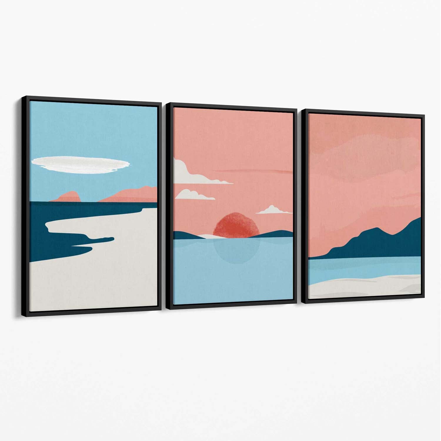 Set of 3 Abstract Pink Blue Coastal Canvas Art Prints with Black Float Frame