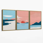 Set of 3 Abstract Pink Blue Coastal Canvas Art Prints with Gold Float Frame