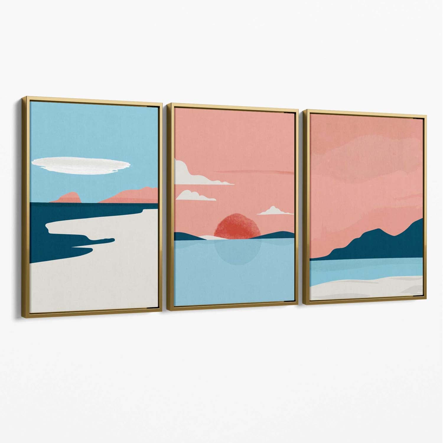 Set of 3 Abstract Pink Blue Coastal Canvas Art Prints with Gold Float Frame