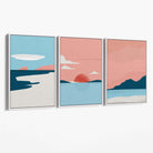 Set of 3 Abstract Pink Blue Coastal Canvas Art Prints with White Float Frame