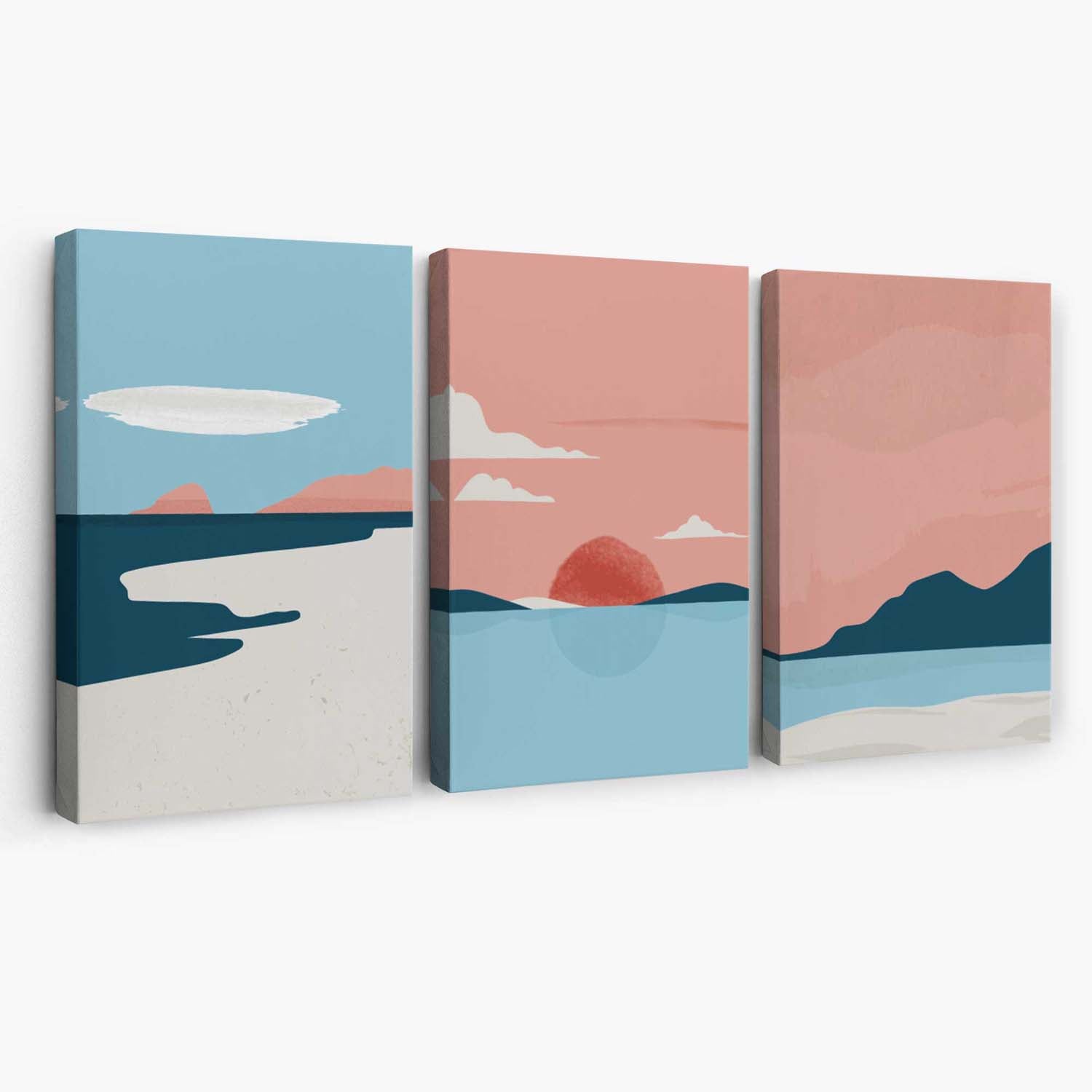 Set of 3 Abstract Pink Blue Coastal Canvas Art Prints | Artze Wall Art