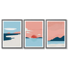 Set of 3 Abstract Pink Blue Coastal Framed Art Prints with Dark Grey Wooden Frames