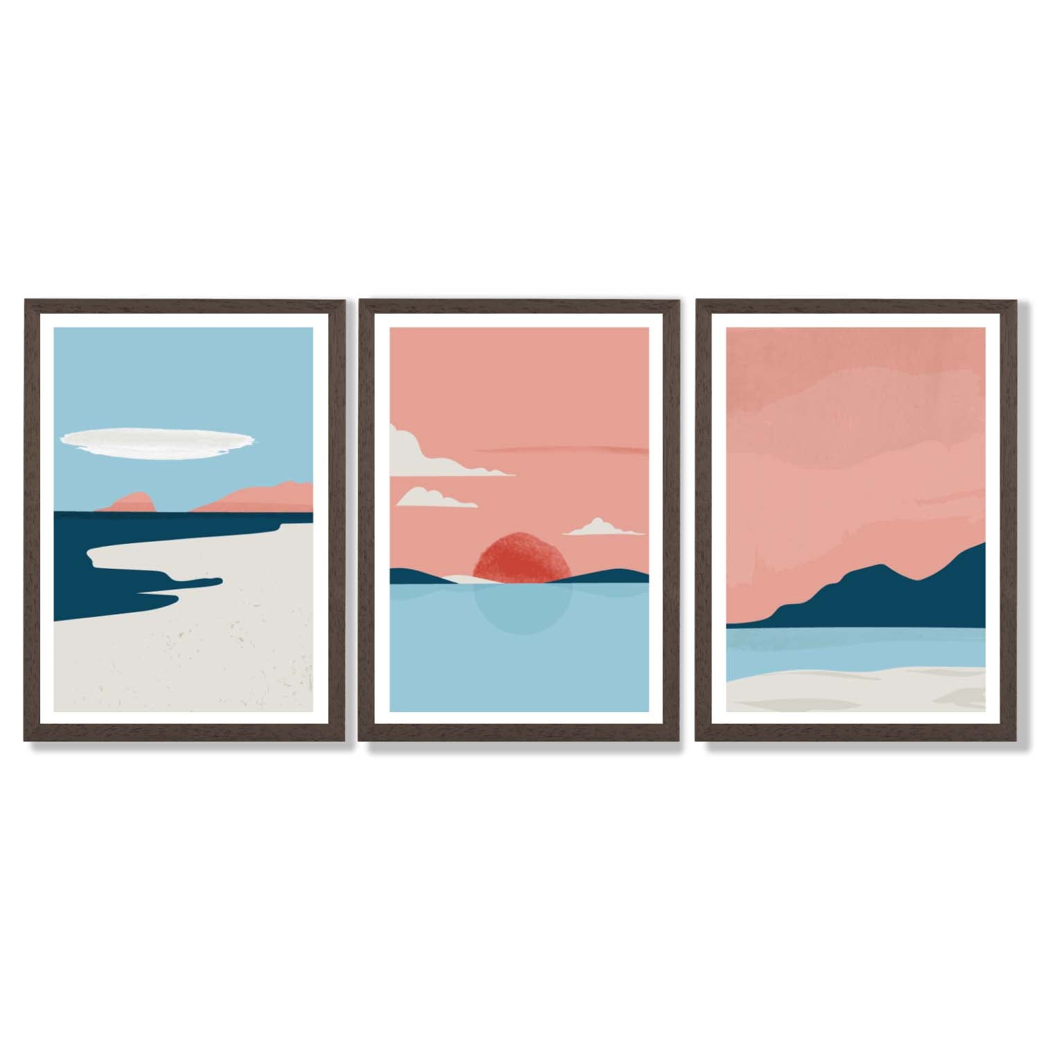 Set of 3 Abstract Pink Blue Coastal Framed Art Prints with Dark Wood Frames