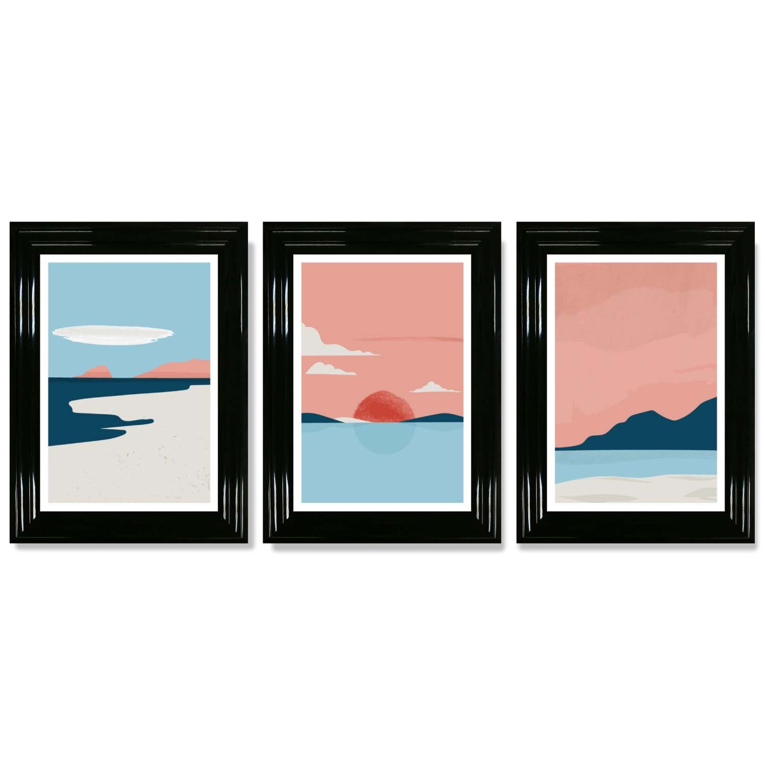 Set of 3 Abstract Pink Blue Coastal Framed Art Prints with Glossy Black Frames